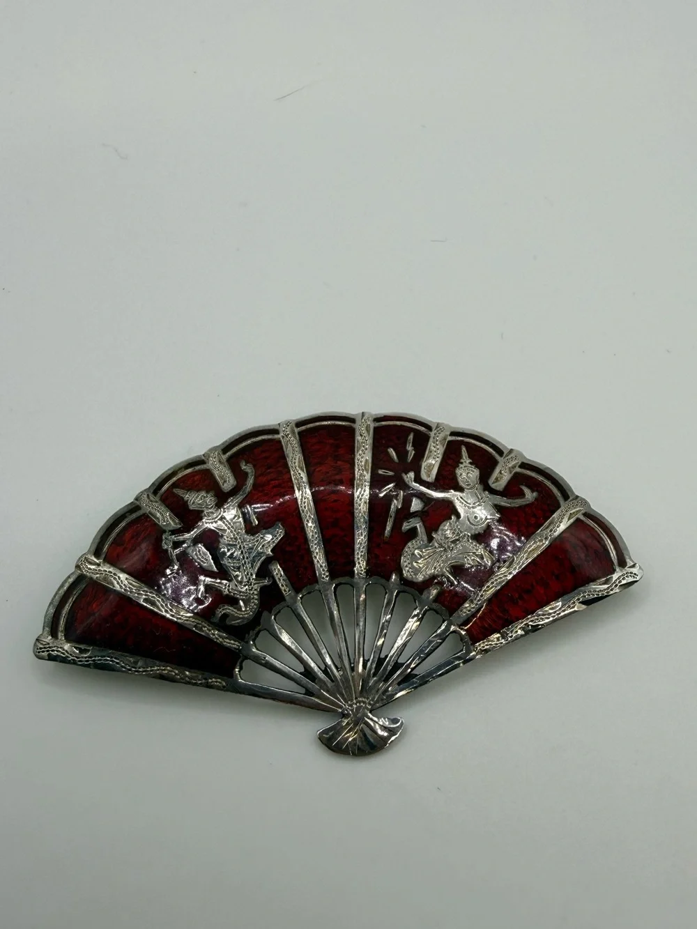 Vintage Siam Sterling Silver Red Enamel Fan Brooch Thai Dancers Niello Pin